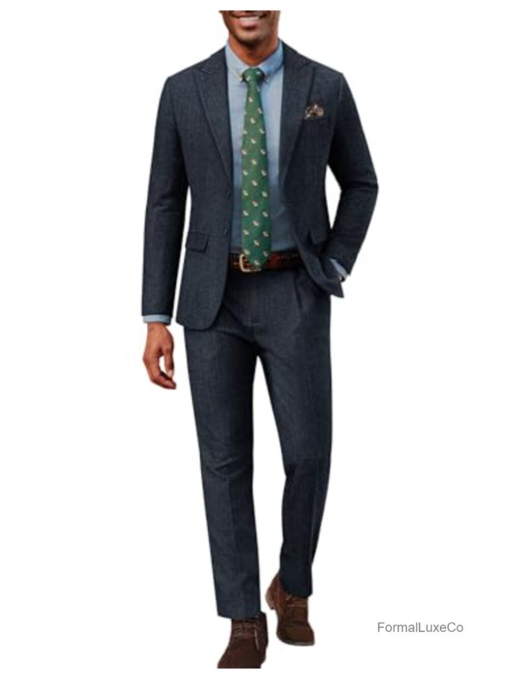 Men's 2 Piece Herringbone Wool Blend Tweed Suit Set with Peak Lapel